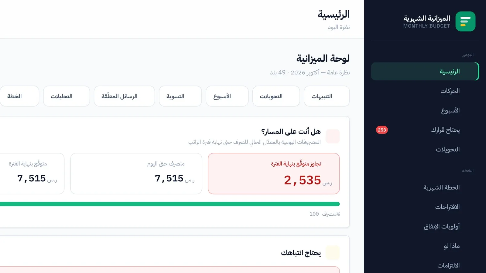 واجهة MB: لوحة الميزانية ومؤشر الصرف مقابل المتوقع
