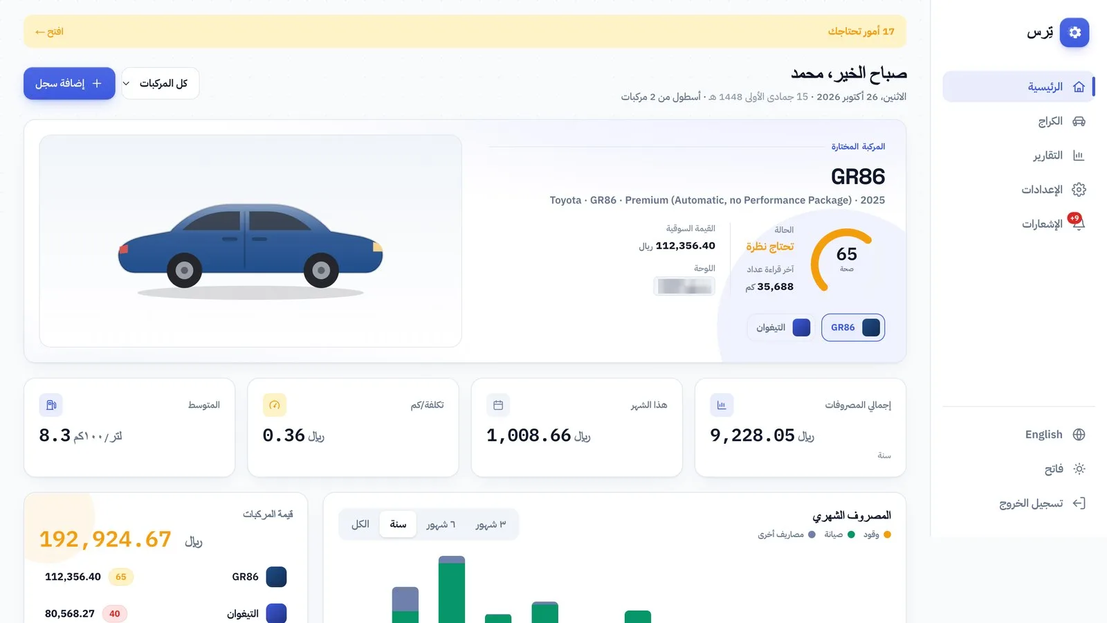 واجهة Tirs: لوحة المركبات مع حالة السيارة والمصروفات